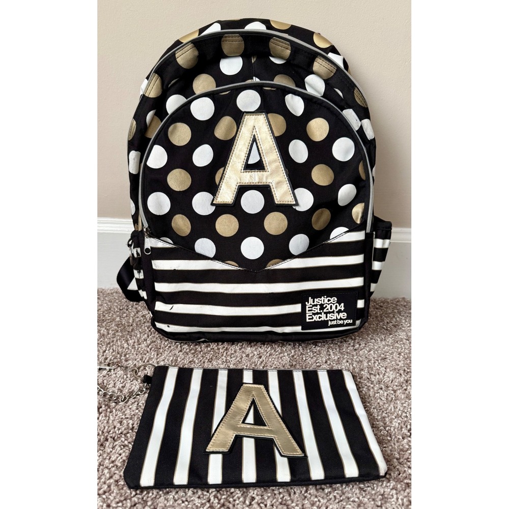 Justice Backpack Pouch Set Girls Black Gold Polka Dot Striped Initial A